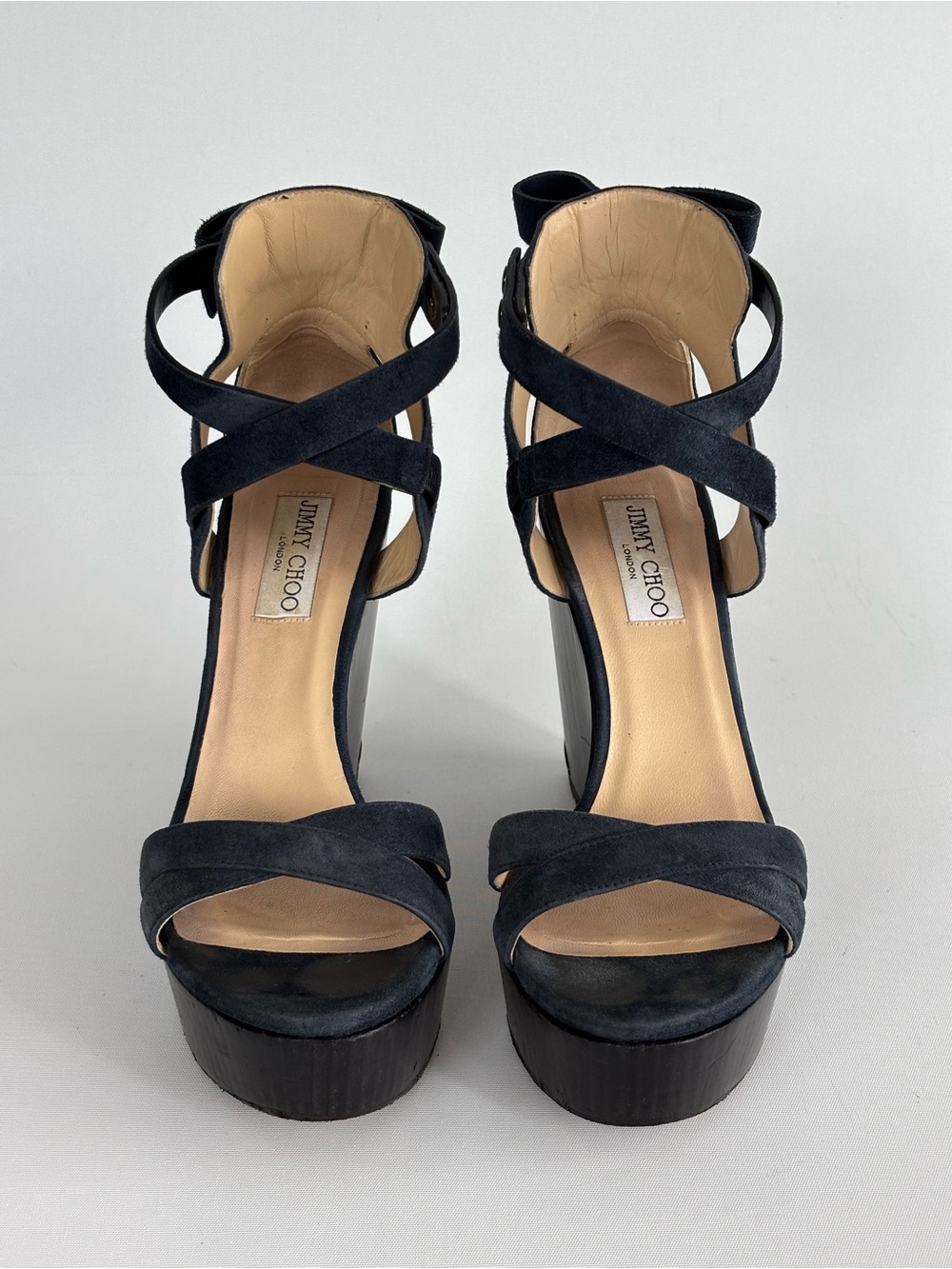 Jimmy Choo Navy Suede Crossover Strap Wood Platform Wedge Sandals EU 40 — London